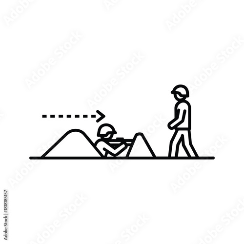 Simple line icon illustrating soldier taking cover behind earthwork while another soldier stands