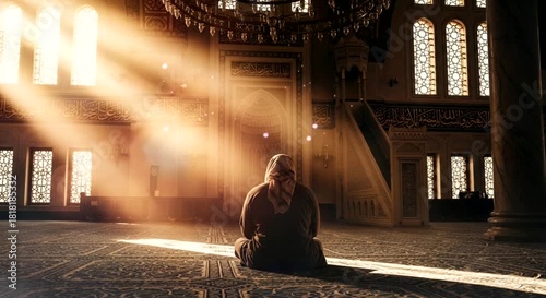 Muslim Man Praying Alone in a Grand Mosque with Sunlight Beams