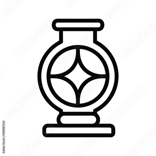 Black and white line art icon of a traditional chinese vase with circular pattern isolated on