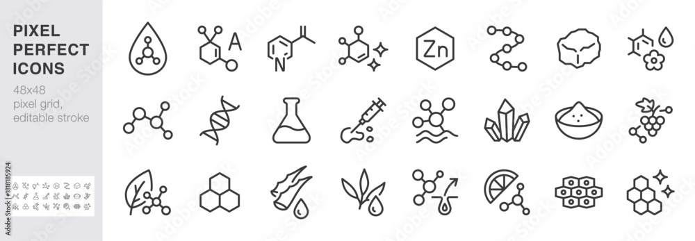 Obraz premium Skincare ingredient line icon set. Molecule, vitamin, serum, collagen, crystal minimal vector illustrations. Simple outline signs for cosmetic and dermatology. 48x48 Pixel Perfect. Editable Stroke