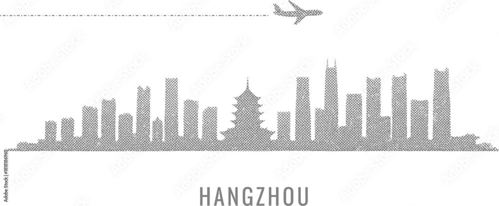 Fototapeta premium Hangzhou Skyline with Airplane Silhouette