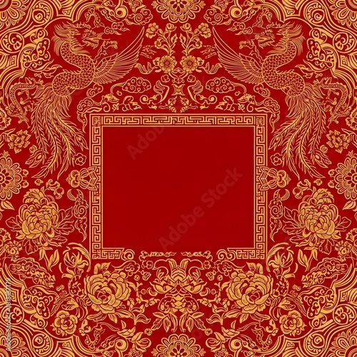 Elegant traditional Asian red and gold pattern with intricate phoenixes and floral motifs, framing a blank center for festive invitations or cultural designs