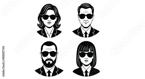 Cool people wearing suits and sunglasses in black and white style