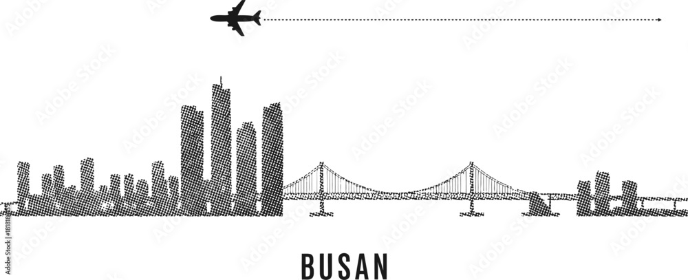 Obraz premium Busan Skyline with Airplane and Diamond Bridge Halftone Illustration