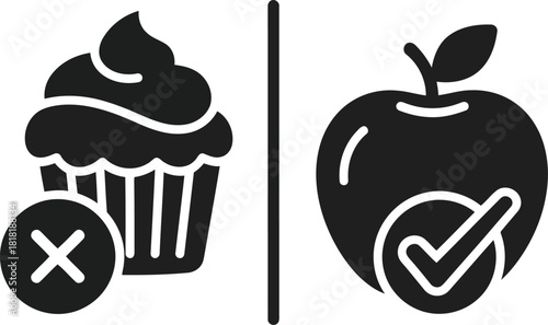 Healthy choice apple vs cupcake diet choice nutrition healthy eating versus junk food vector