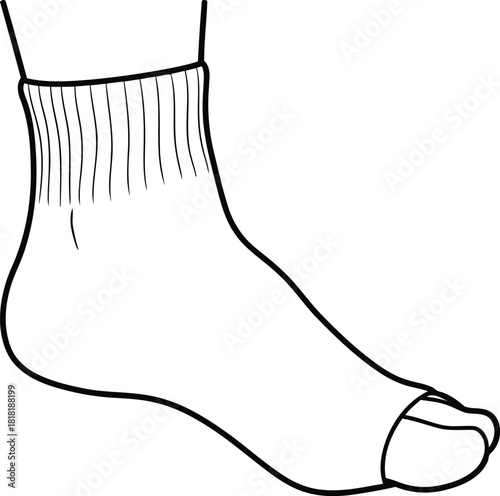Illustration of black and white line drawing of a single sock with open toe