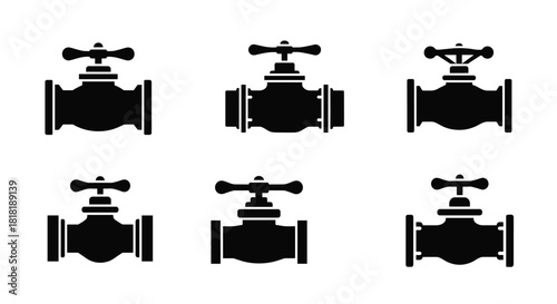 Set of six black silhouette icons representing various water valves with different designs against a clean white background.