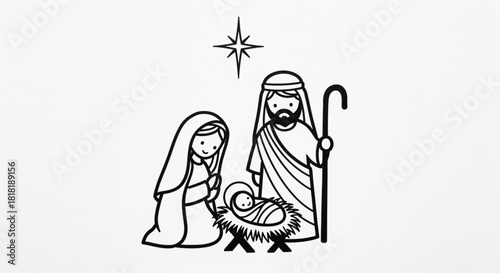 Classic Nativity Scene with Mary, Joseph, and Baby Jesus Under Guiding Star, Ideal for Holiday Greetings and Christmas Cards, Drawn with Simple Lines