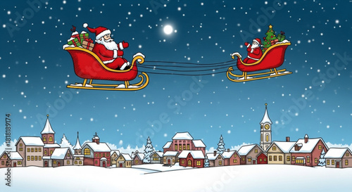 Delightful Santa Claus cartoon, two sleighs flying over snowy village, spreading holiday cheer, originally vector art for festive designs and seasonal greetings