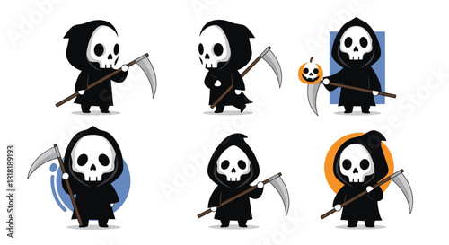 Adorable set of six cute cartoon grim reaper characters, each holding a scythe, presented in various playful poses on a white background.