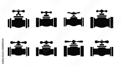 Comprehensive collection of eight black silhouette icons representing various industrial water valves with diverse handle designs.
