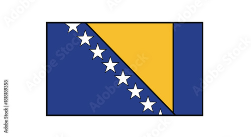 National flag of Bosnia and Herzegovina featuring a blue field yellow triangle and white stars within a minimalist black outline frame.