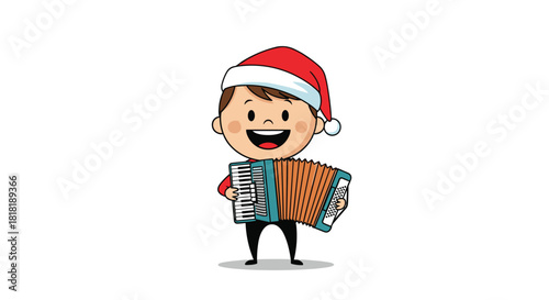 Cheerful cartoon boy wearing a festive Santa hat, happily playing an accordion with a joyful smile on a clean white background.