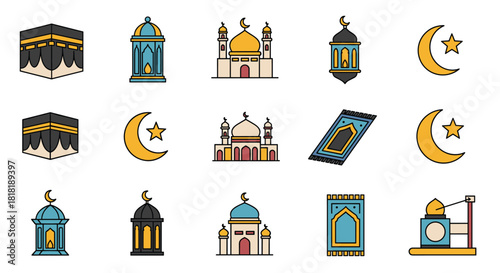 Diverse collection of fifteen colorful outlined icons representing various Islamic religious elements, including mosques, lanterns, crescent moons, and prayer mats.
