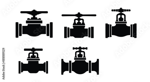 Compact collection of five black silhouette icons representing various industrial water valves with distinct designs.