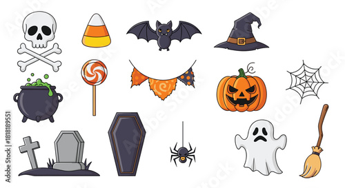 Extensive collection of various Halloween elements including skull and bones candy corn bat witch hat pumpkin ghost and gravestones.