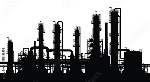 Detailed black silhouette illustration of a complex industrial oil refinery or chemical plant, showcasing intricate structures and pipelines.