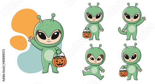Adorable set of five cute cartoon alien characters in green suits, one holding a festive Halloween pumpkin basket with abstract shapes.