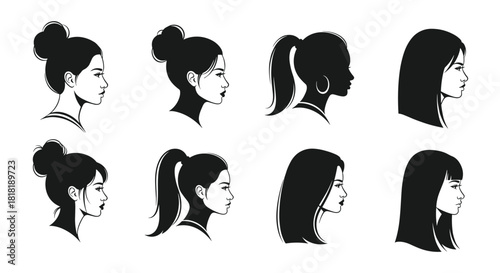 Stylish collection of eight diverse female silhouette portraits in profile showcasing various modern hairstyles.