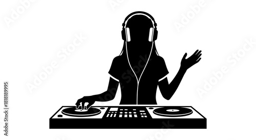 Cool DJ girl silhouette spinning vinyl records in a nightclub vibe