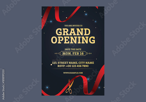 Editable Grand Opening Ceremony Invitation Flyer Template with Venue Details, Ribbon Cutting Event.