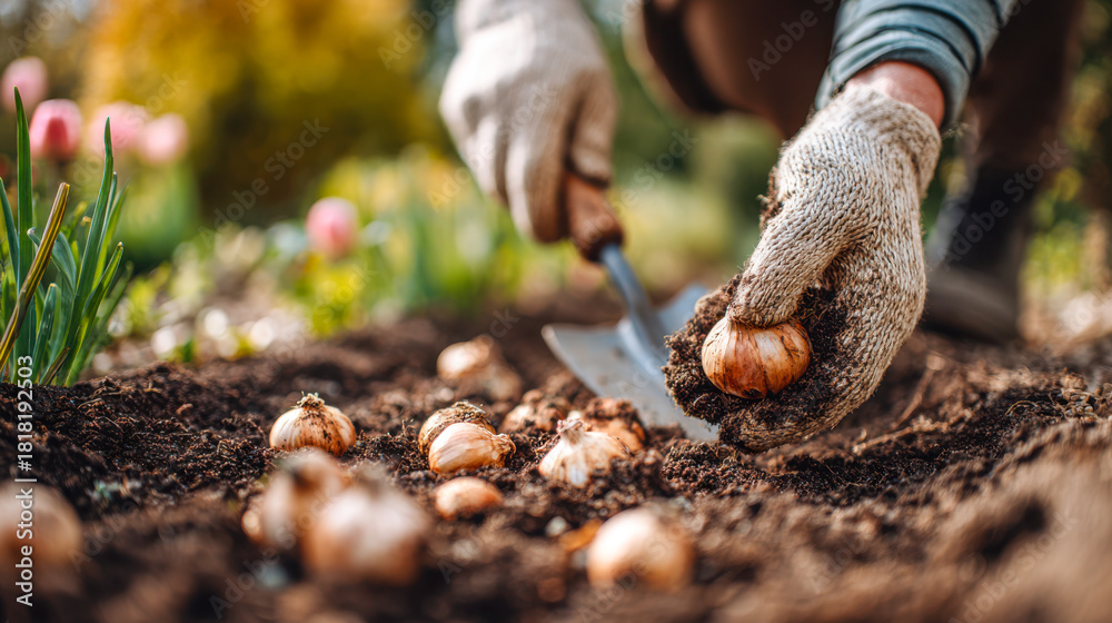 Obraz premium Gardener planting flower bulbs in spring garden soil