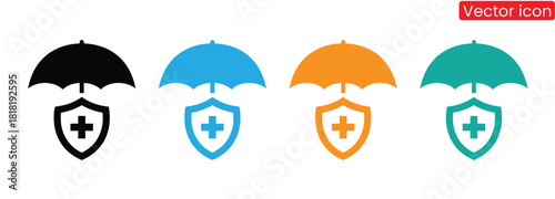 Colorful insurance protection shields offer safety and security,protection icon set collection in dual tone style. an icon pack contain security, firewall, encryption, antivirus, lock, password,