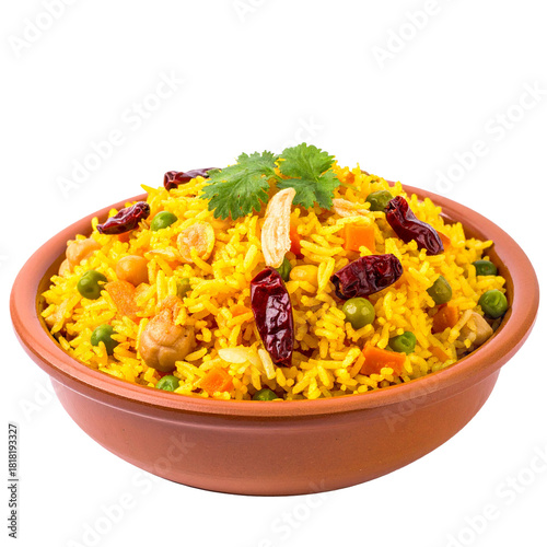Exotic Flavors of Pilaf: A captivating view of a vibrant pilaf dish, with grains of rice mingling with a medley of aromatic spices, vegetables, and cashew nuts.