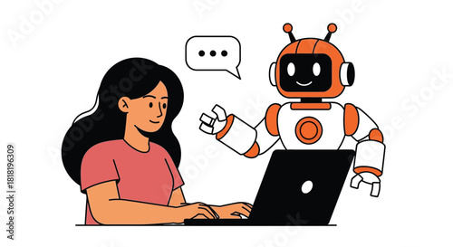 Modern woman using laptop with assistance from a friendly robot