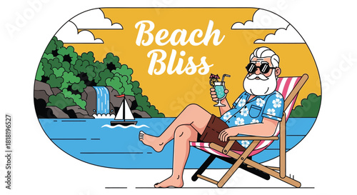 Relaxing Santa enjoying tropical beach cocktail vacation getaway