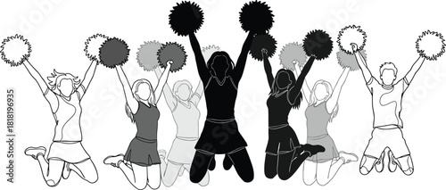 Cheerleading team jumping with pom-poms, synchronized squad performing energetic routine, monochrome sports event enthusiasm vector illustration.