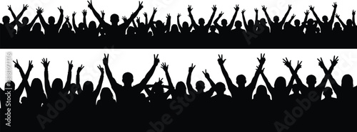 Energetic cheering concert crowd silhouette with hands raised in celebration, massive festival audience on white background, music event fans vector.