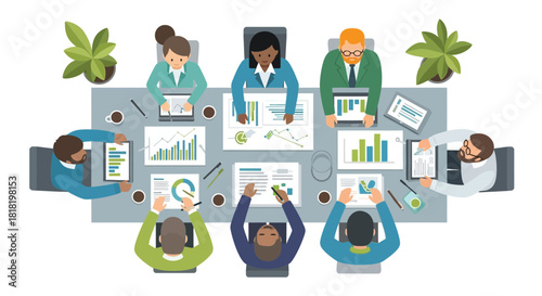 Top-down view of a modern business team collaborating and analyzing financial data during a productive conference room meeting with digital charts