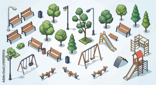 A collection of isometric park and playground elements for creating a vibrant urban recreation area scene