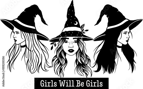 Girls will be girls witches SVG, halloween t shirt sweatshirt print, sisterhood long hair with hat, laser cut ready file, silhouette cricut, women outfit