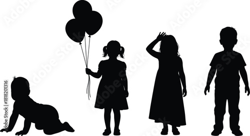Silhouette child growth stages, crawling to standing, black vector art, early development, posture evolution, kids figure, stock illustration