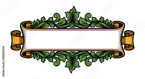 A classic vintage scroll banner with ornate green acanthus leaf decorations, isolated on a white background.