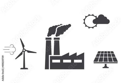 solar panel and wind turbine with factory icon