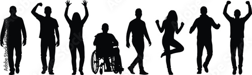 Silhouette diverse people poses, standing, jumping, wheelchair figure, black vector art, inclusive motion, celebration posture, unity design, stock illustration