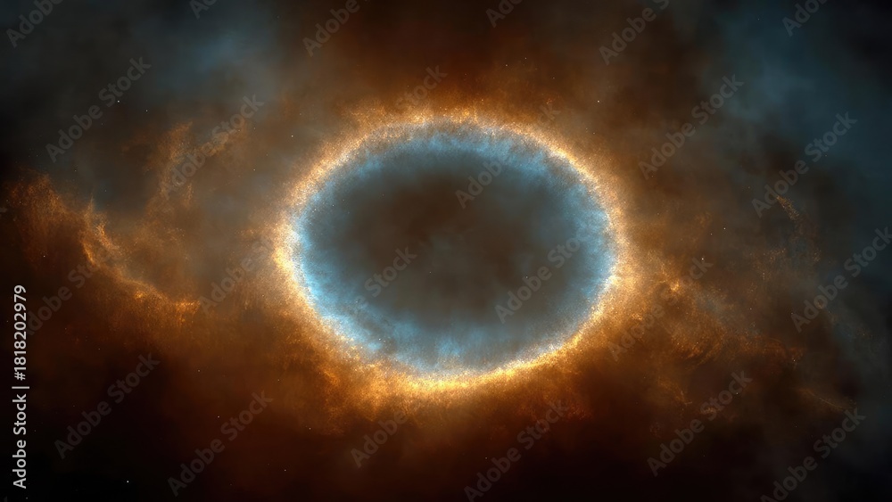 Fototapeta premium Planetary nebula: a glowing blue inner ring of gas surrounded by an orange outer shell around a dark core. Concept Planetary nebula, Glowing blue inner ring, Orange outer shell, Dark core