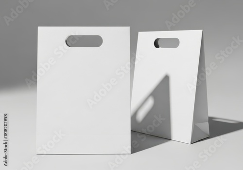 Two blank white paper shopping bags with cut-out handles sit on a light surface casting shadows.
