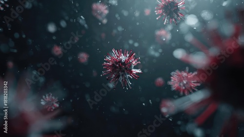 Coronavirus-like red spike particles floating in a dark, blurred background. Concept Coronavirus-like viral particles, Red spike proteins, Dark, blurred background, Microbiology-inspired imagery