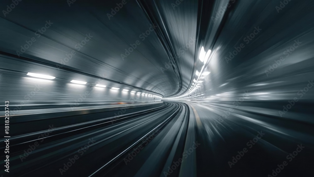 Fototapeta premium Motion-blurred view through a curved tunnel, likely a subway, with glowing overhead lights and fast-moving parallel tracks. Concept Motion Blur, Subway Tunnel, Glowing Overhead Lights