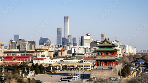 Photography Beijing Skyline with Modern Tower and Traditional Architecture