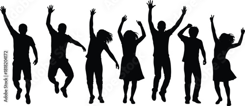 Silhouette people jumping poses, joyful celebration, black vector art, happy group motion, energetic posture, festive design, stock illustration