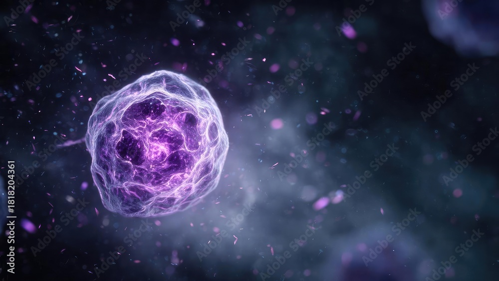 Fototapeta premium A glowing purple biological cell with a bright nucleus floating in a dark, spacey background. Concept Glowing purple cell, bright nucleus, spacey dark background, microbiology art, sci-fi biology