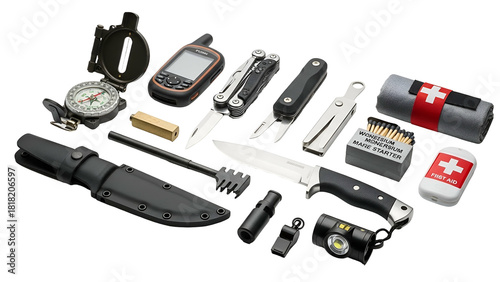 Survival kit assortment including navigation, cutting tools, fire starter, and first aid
