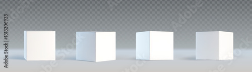 White 3d cube collection with various angle perspectives on transparent background. Minimalist square block set in different rotation and view for geometric mockup, product display or abstract design.