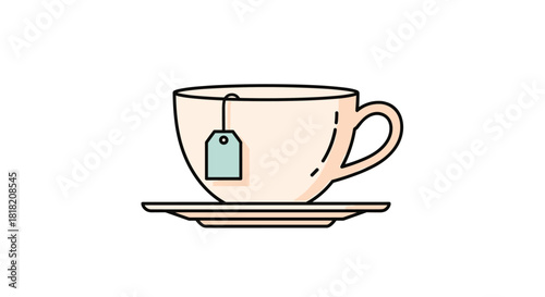 A minimalist line art icon of a teacup on a saucer with a tea bag tag hanging over the side perfect for a cafe or beverage menu.