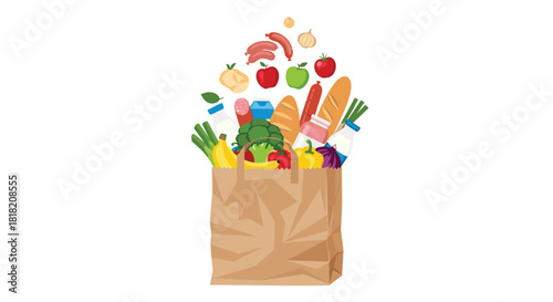A brown paper grocery bag is shown overflowing with fresh food items like bread vegetables and milk in a colorful cartoon illustration.